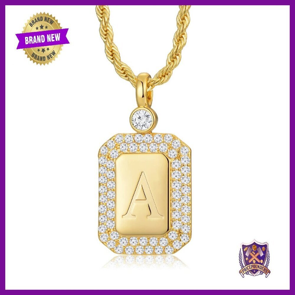 24K Gold Filled Initial Pendant Necklace with Rope Chain and CZ Diamonds